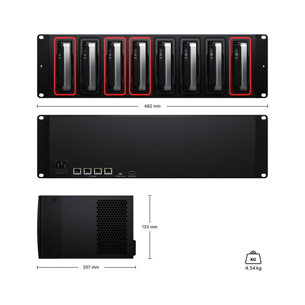 Sistema de respaldo profesional montado en rack de Blackmagic Design con 8 bahías independientes para discos duros, 4 puertos Ethernet 10G de alta velocidad, Blac