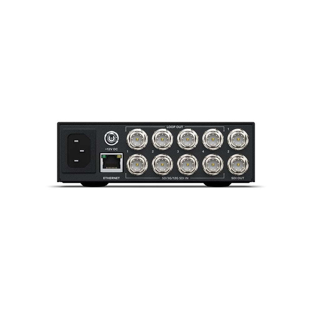 Blackmagic Design Compact SDI video router, 4 x 12G-SDI inputs and 2 outputs, clean switch technology, front-panel controls, eme