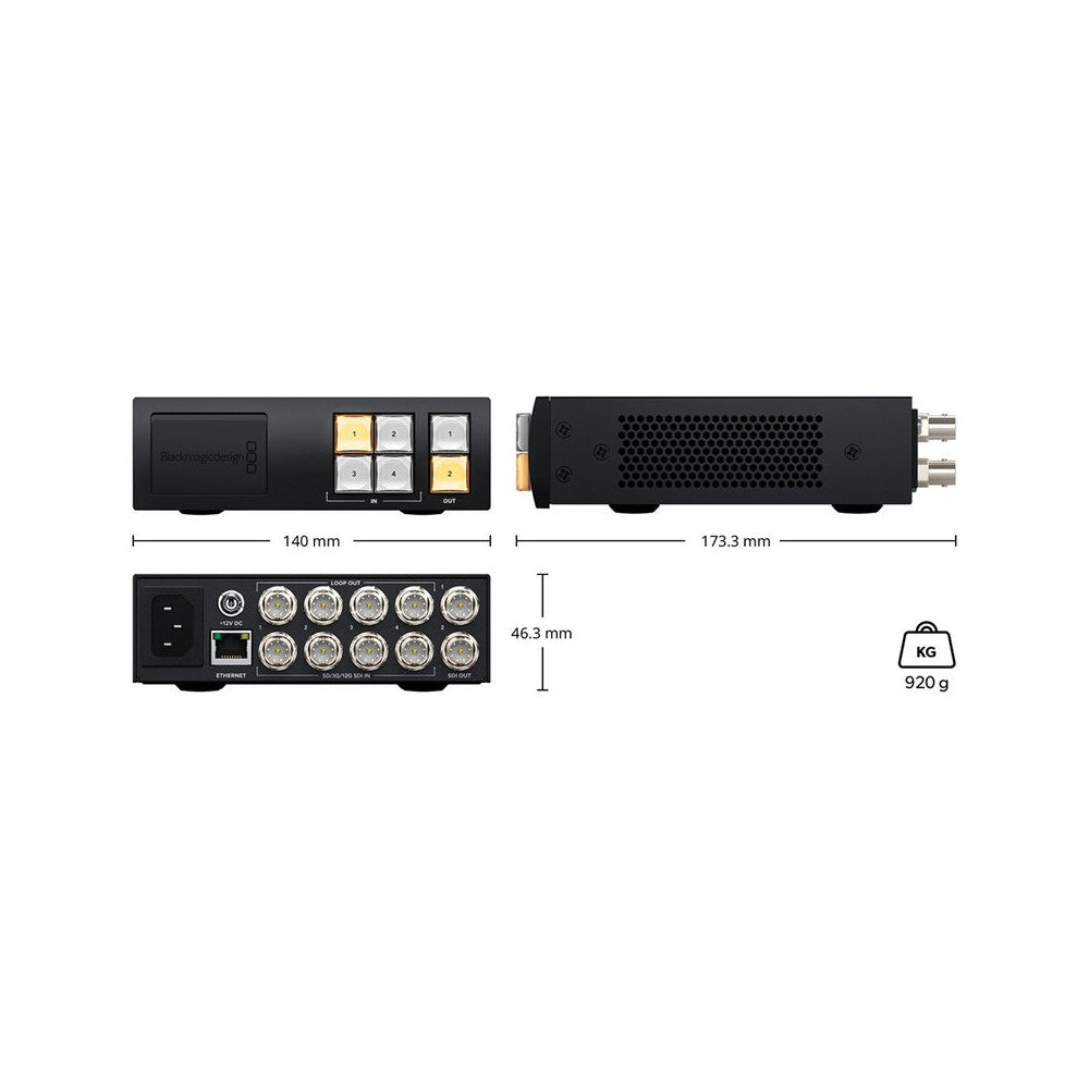 Blackmagic Design Compact SDI video router, 4 x 12G-SDI inputs and 2 outputs, clean switch technology, front-panel controls, eme