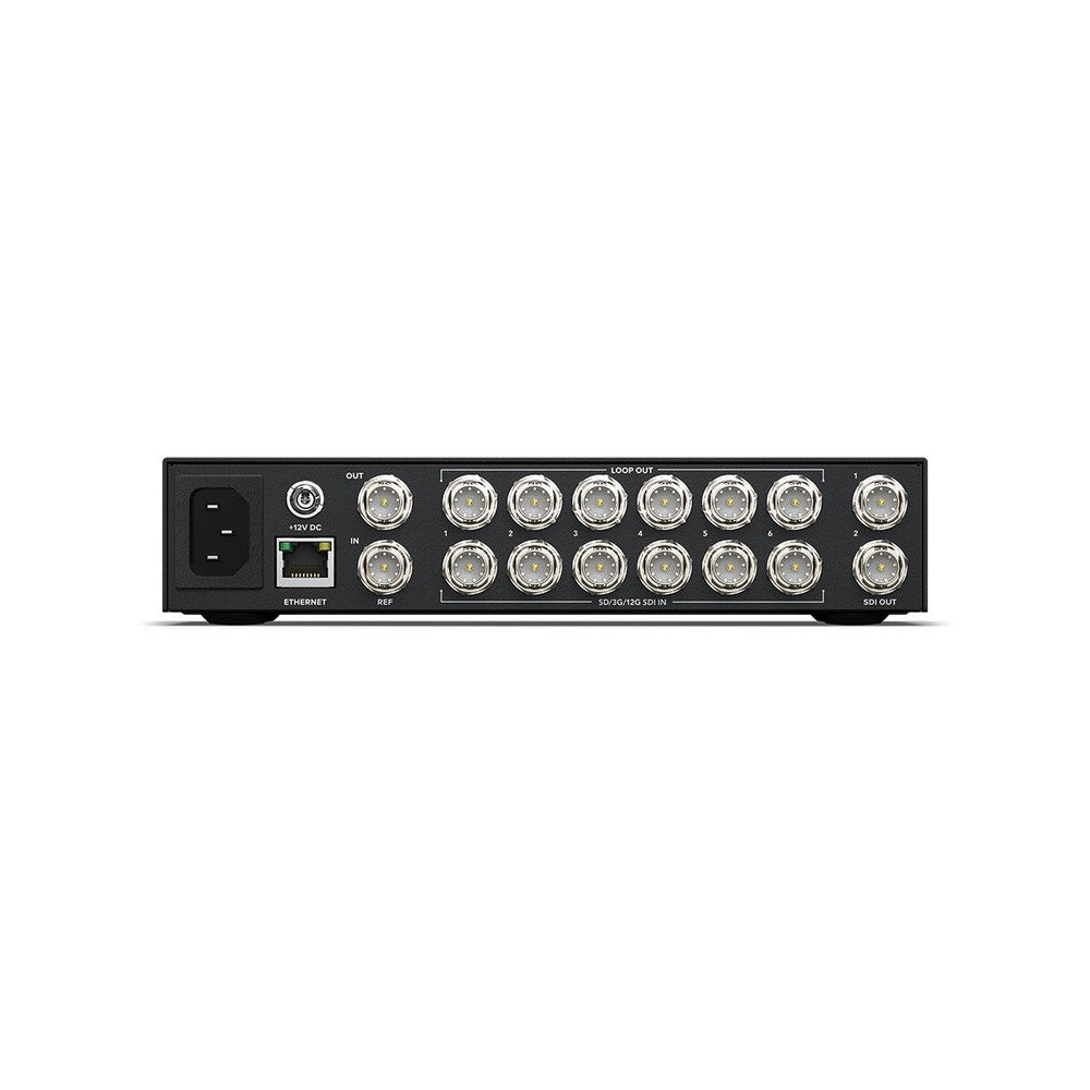 Blackmagic Design Compact SDI video router, 6 x 12G-SDI inputs and 2 outputs, clean switch technology, front-panel controls, eme