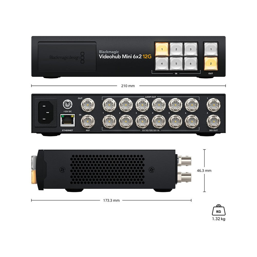 Blackmagic Design Compact SDI video router, 6 x 12G-SDI inputs and 2 outputs, clean switch technology, front-panel controls, eme