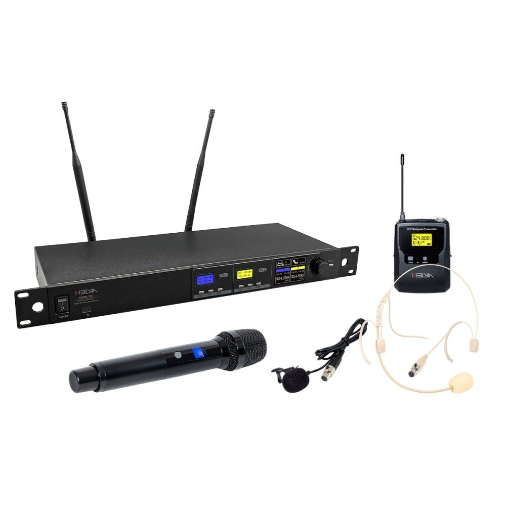 RADIOMIC. 2-CH HELVIA VERBA-202 A2 UHF TRUE DIVERSITY 2 TX TASCABILI HEADSET E LAVALIER 626-668MHz