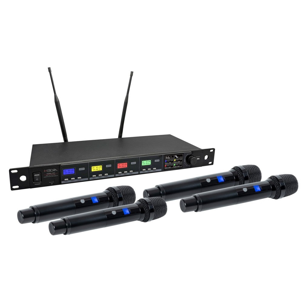 RADIOMIC. 4-CH HELVIA VERBA-401 A2 UHF TRUE DIVERSITY 4 MIC A MANO 626-668MHz