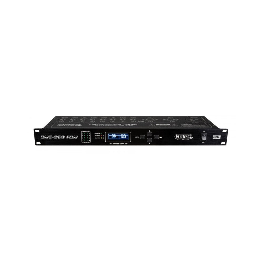 Briteq 19" 1U rack-mounted DMX device, merger + splitter + booster functions, 2 IN / 8 OUT XLR 3-pin, RDM filtering, adjustable