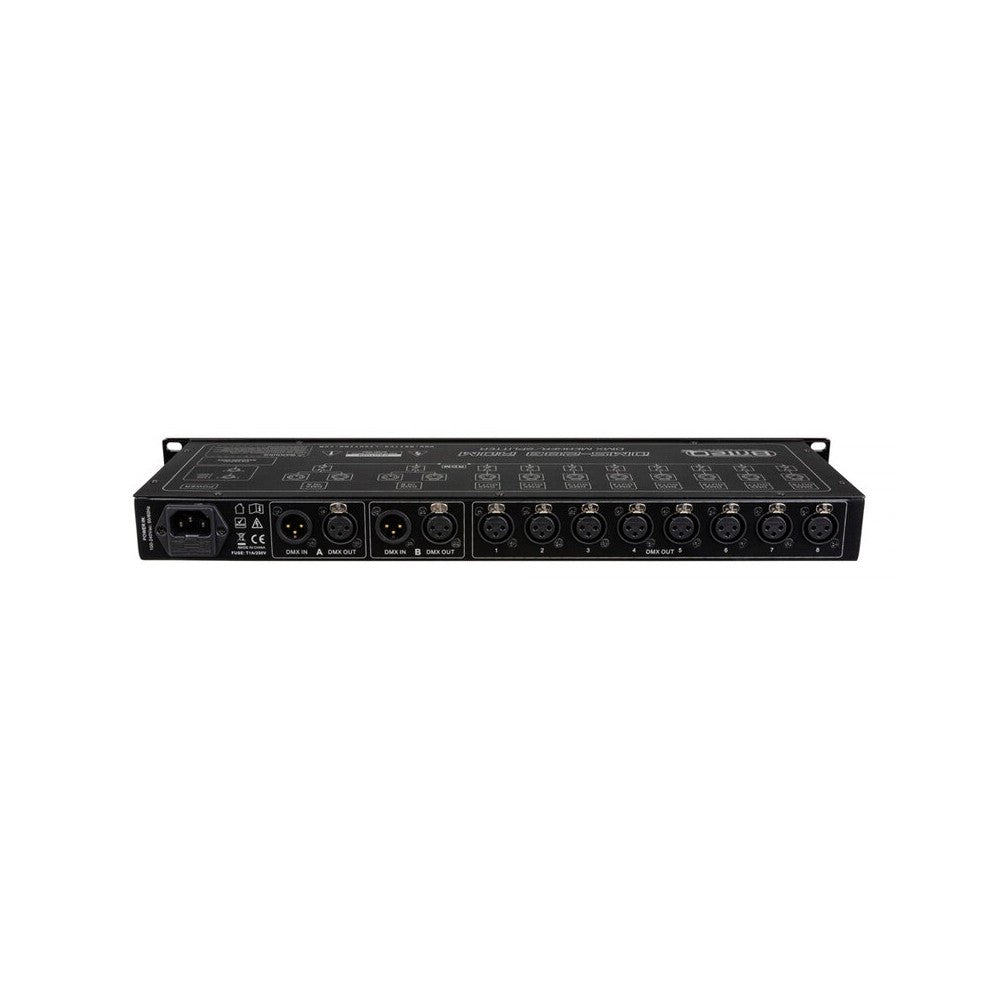 Briteq 19" 1U rack-mounted DMX device, merger + splitter + booster functions, 2 IN / 8 OUT XLR 3-pin, RDM filtering, adjustable