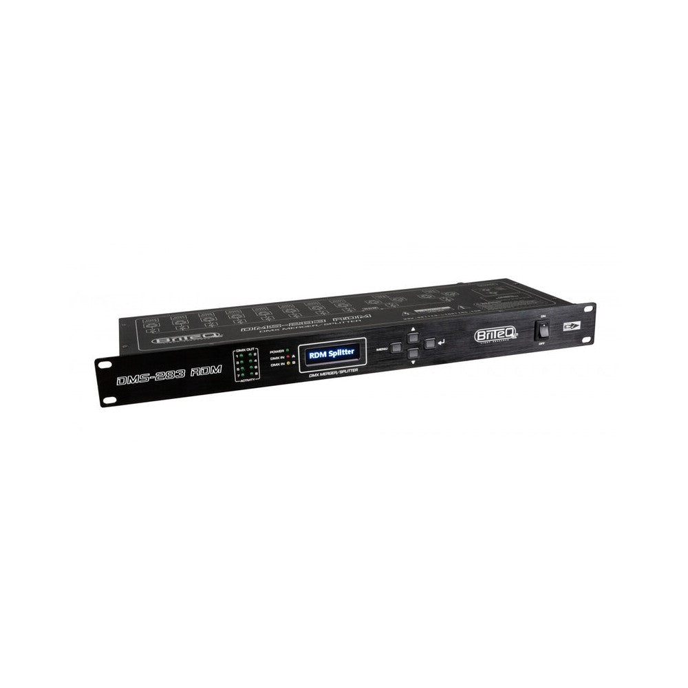 Briteq dispositivo DMX de 19" y 1U para montaje en rack, funciones de fusionador + divisor + amplificador, 2 ENTRADAS / 8 SALIDAS XLR de 3 pines, filtrado RDM, ajustable
