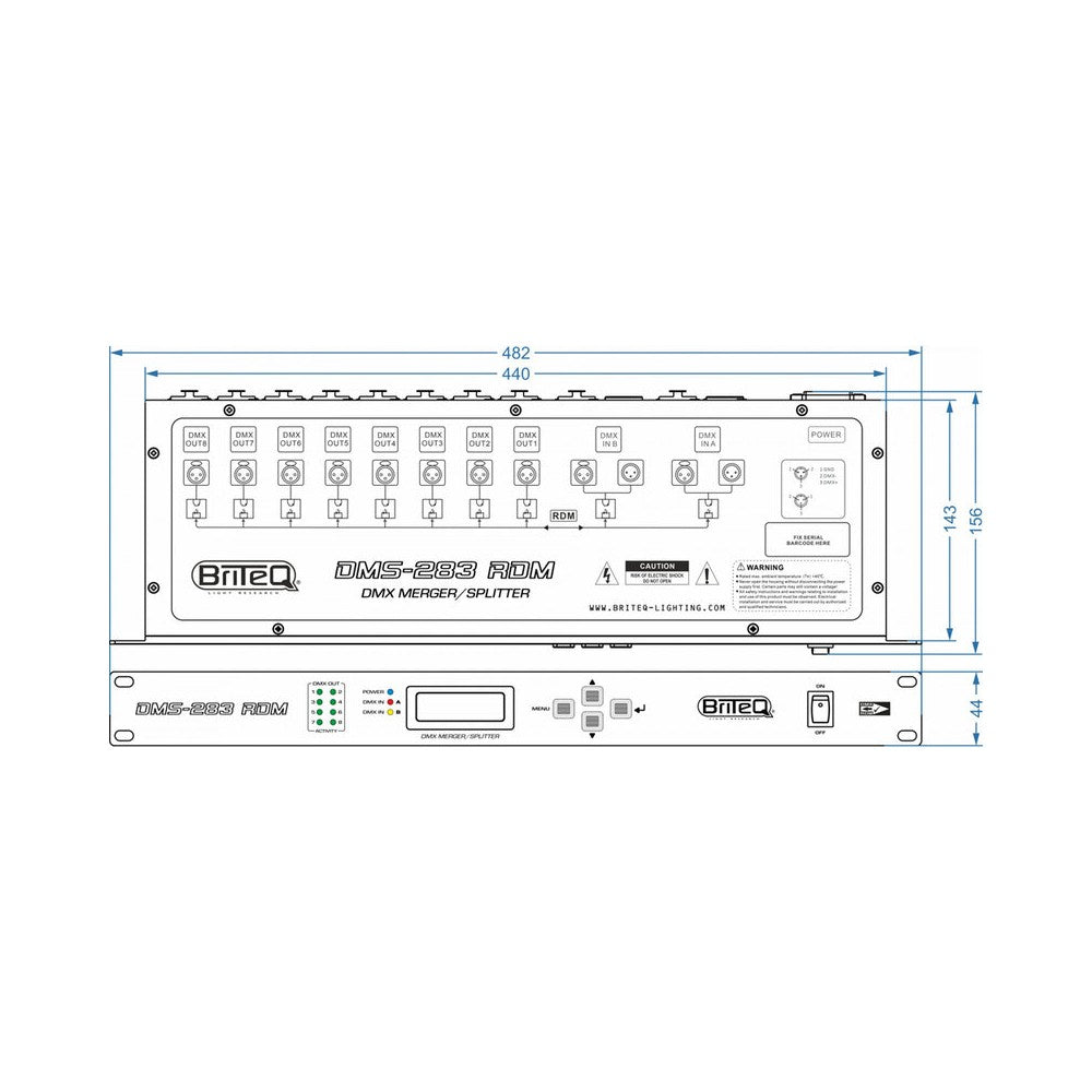 Briteq dispositivo DMX de 19" y 1U para montaje en rack, funciones de fusionador + divisor + amplificador, 2 ENTRADAS / 8 SALIDAS XLR de 3 pines, filtrado RDM, ajustable