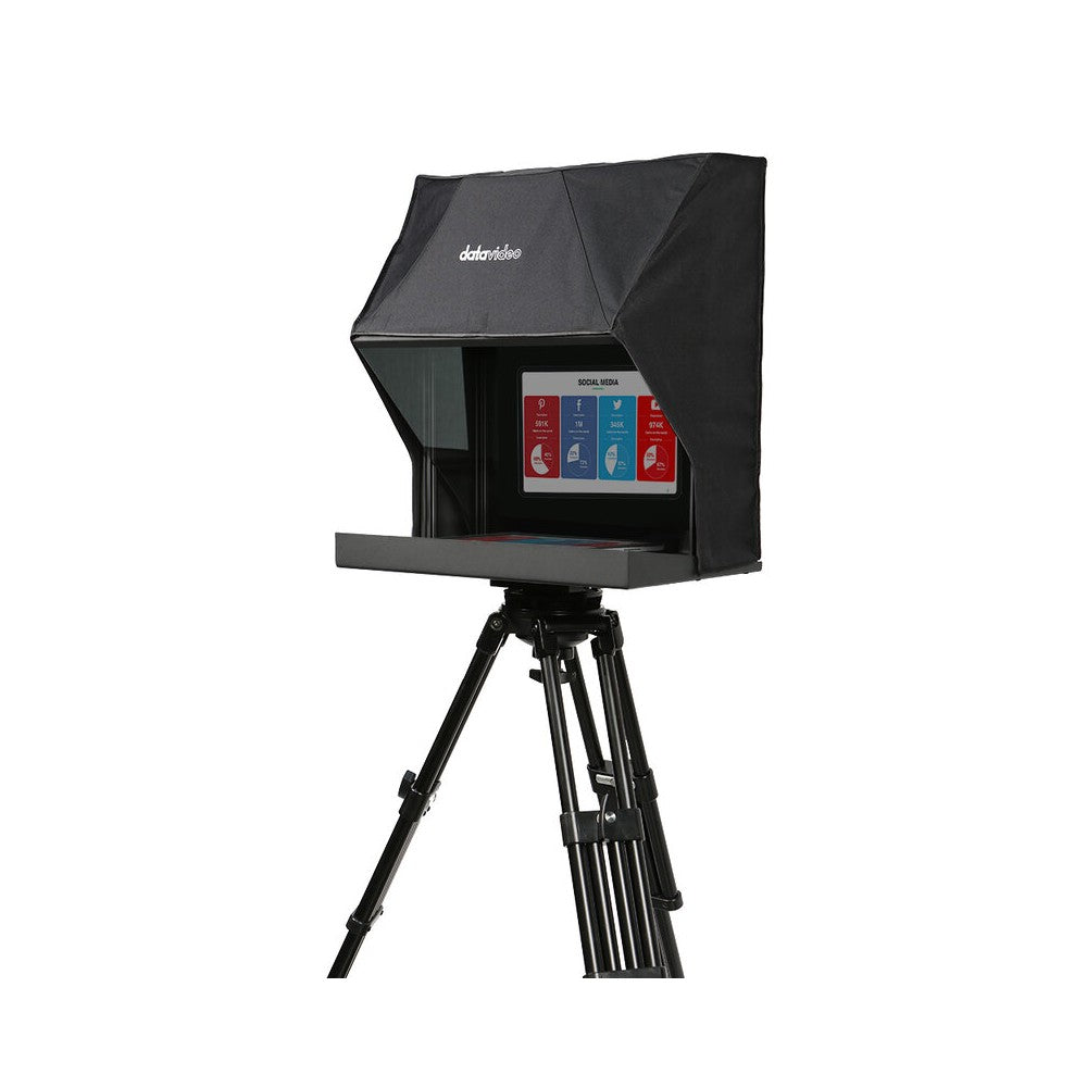Teleprompter Datavideo diseñado para cámaras PTZ, soporte para tablet en lugar de pantalla LCD integrada, tablets de hasta 15,6", sincronización IP
