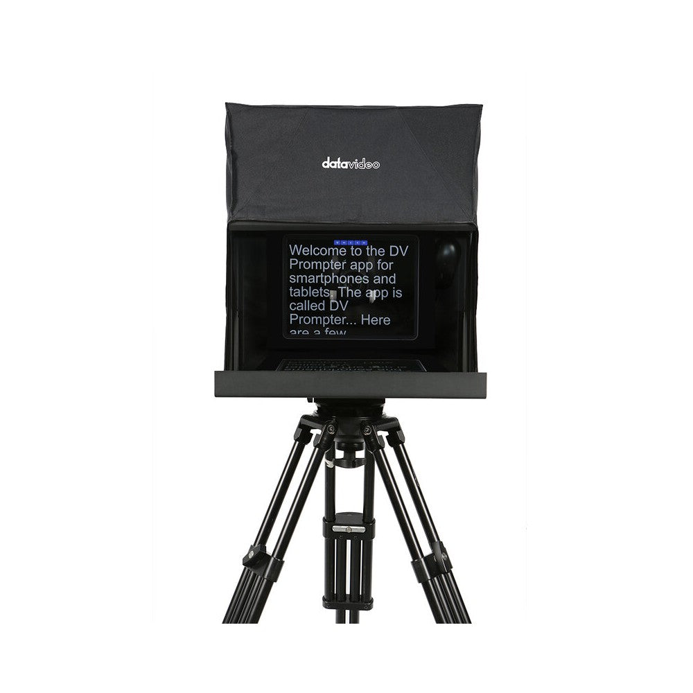Datavideo teleprompter designed for PTZ cameras, tablet holder instead of an integrated LCD screen, tablets up to 15.6", IP sync