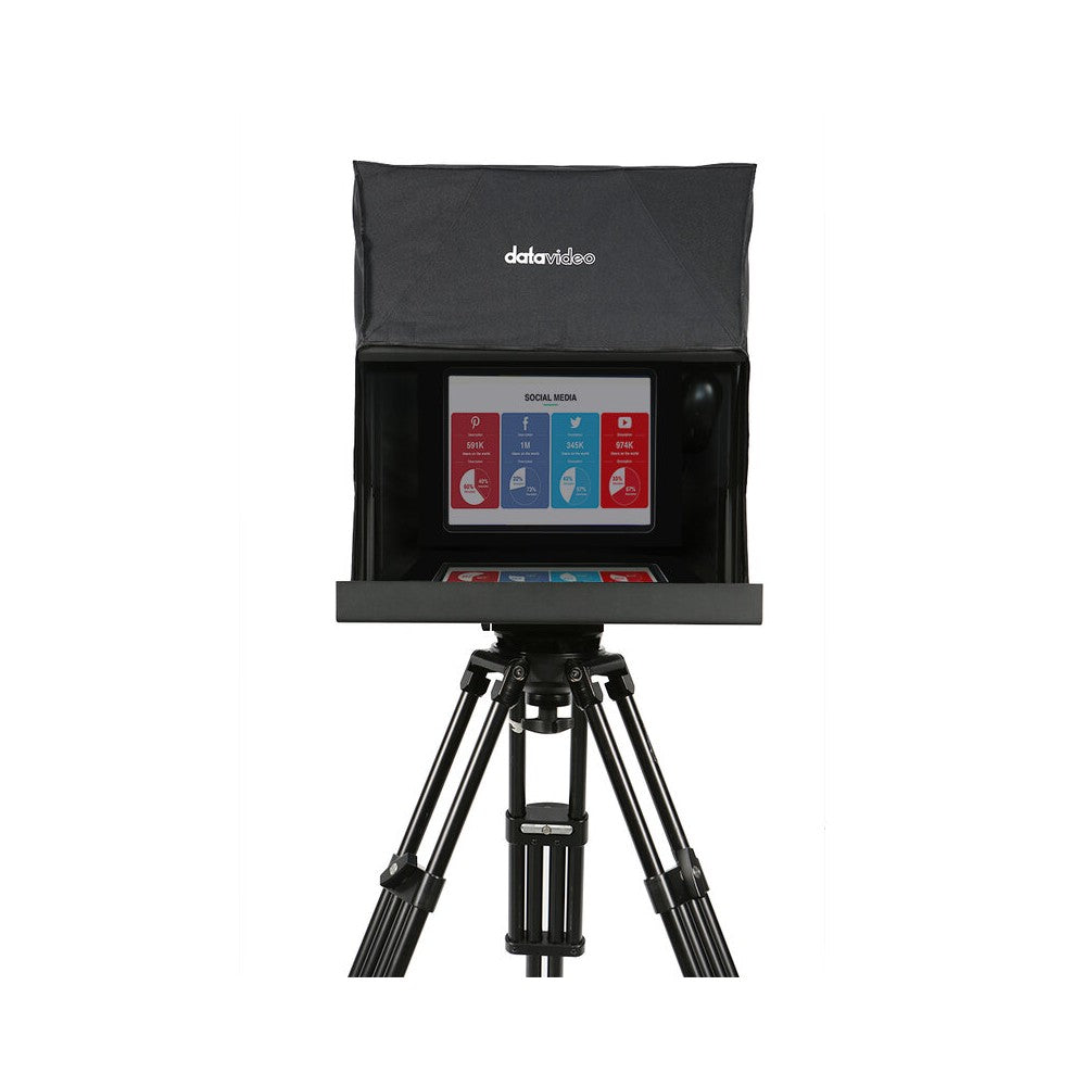 Datavideo teleprompter designed for PTZ cameras, tablet holder instead of an integrated LCD screen, tablets up to 15.6", IP sync