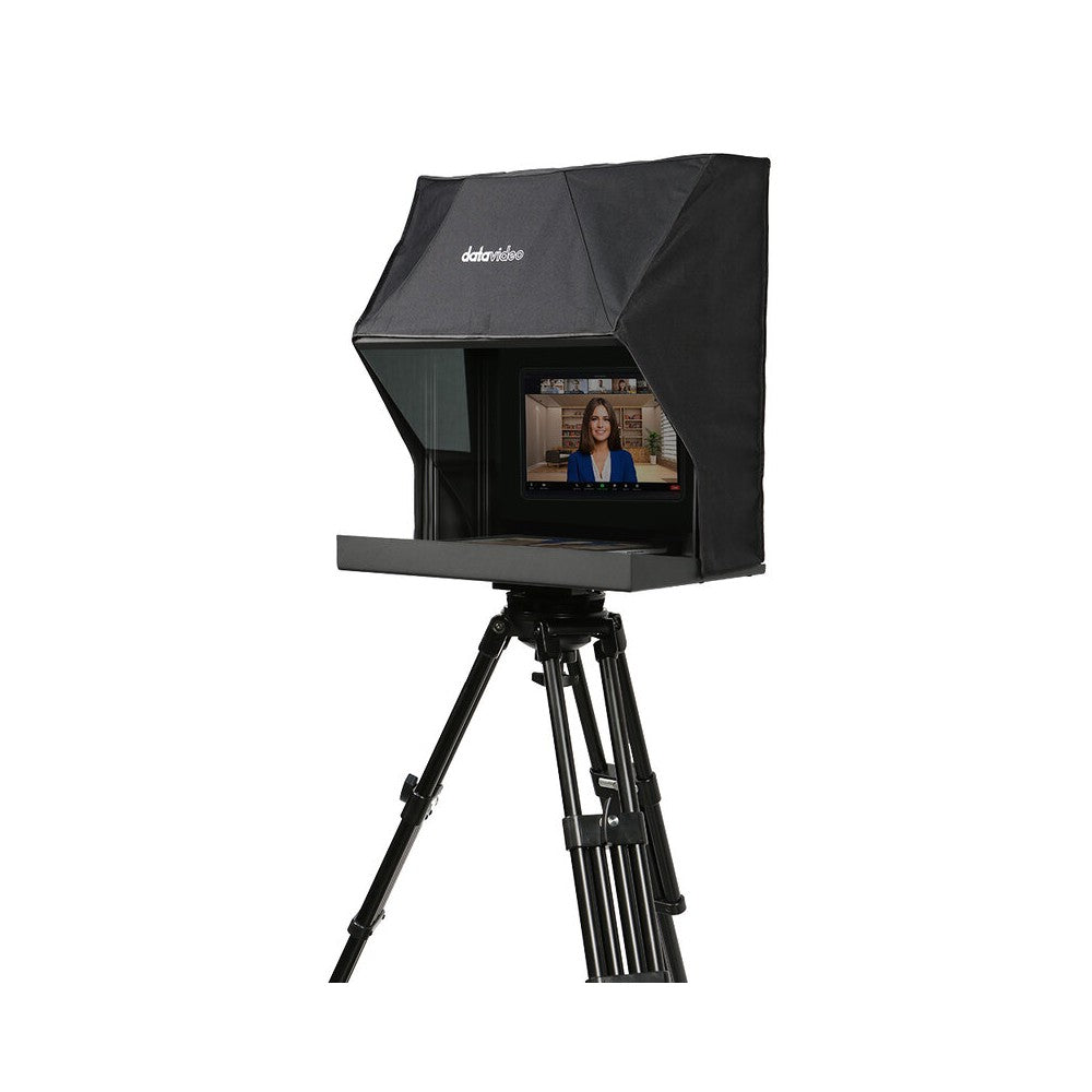 Datavideo teleprompter designed for PTZ cameras, tablet holder instead of an integrated LCD screen, tablets up to 15.6", IP sync