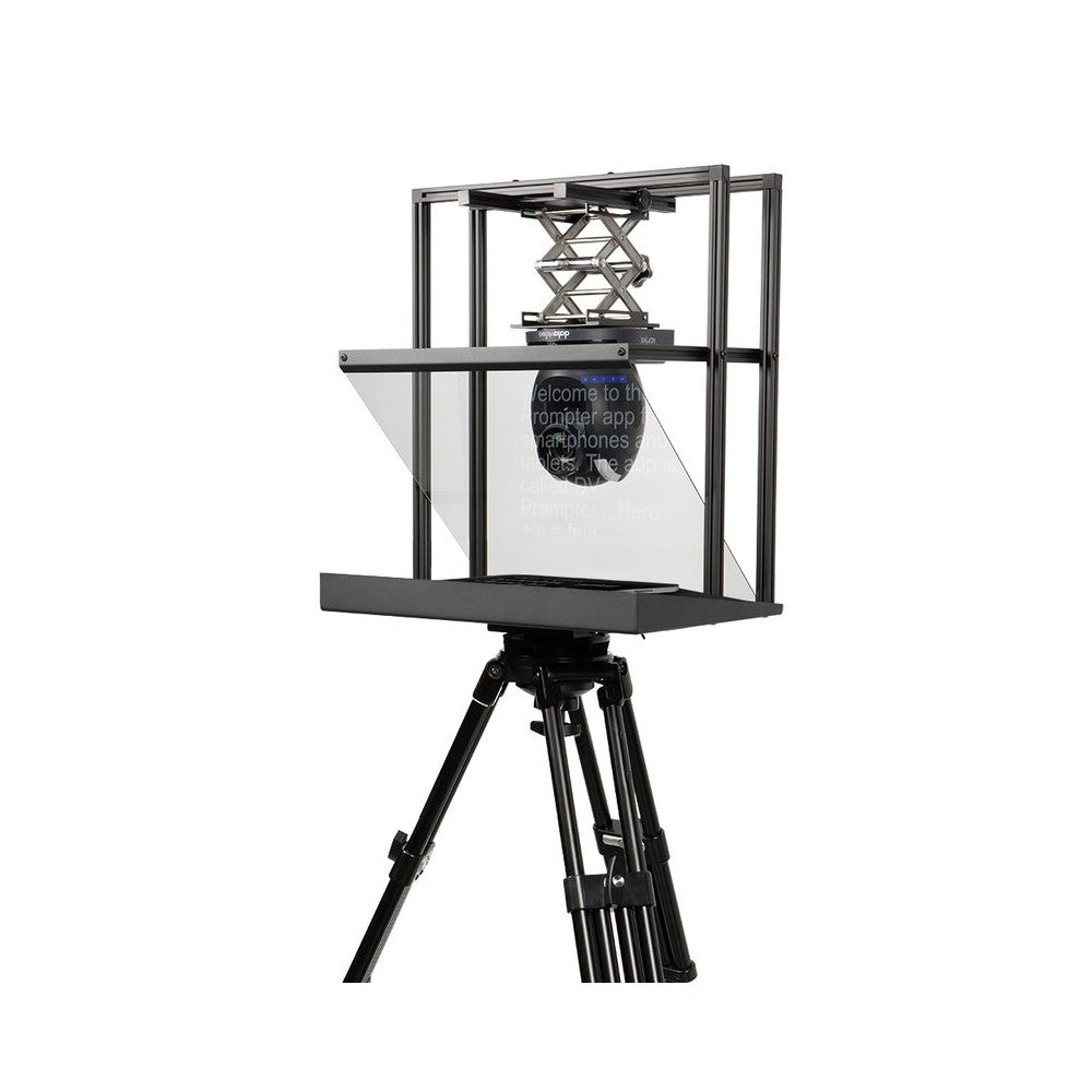 Datavideo teleprompter designed for PTZ cameras, tablet holder instead of an integrated LCD screen, tablets up to 15.6", IP sync