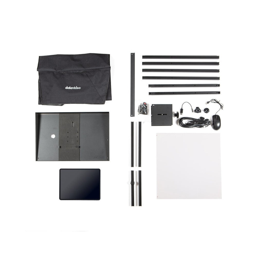 Datavideo teleprompter designed for PTZ cameras, tablet holder instead of an integrated LCD screen, tablets up to 15.6", IP sync