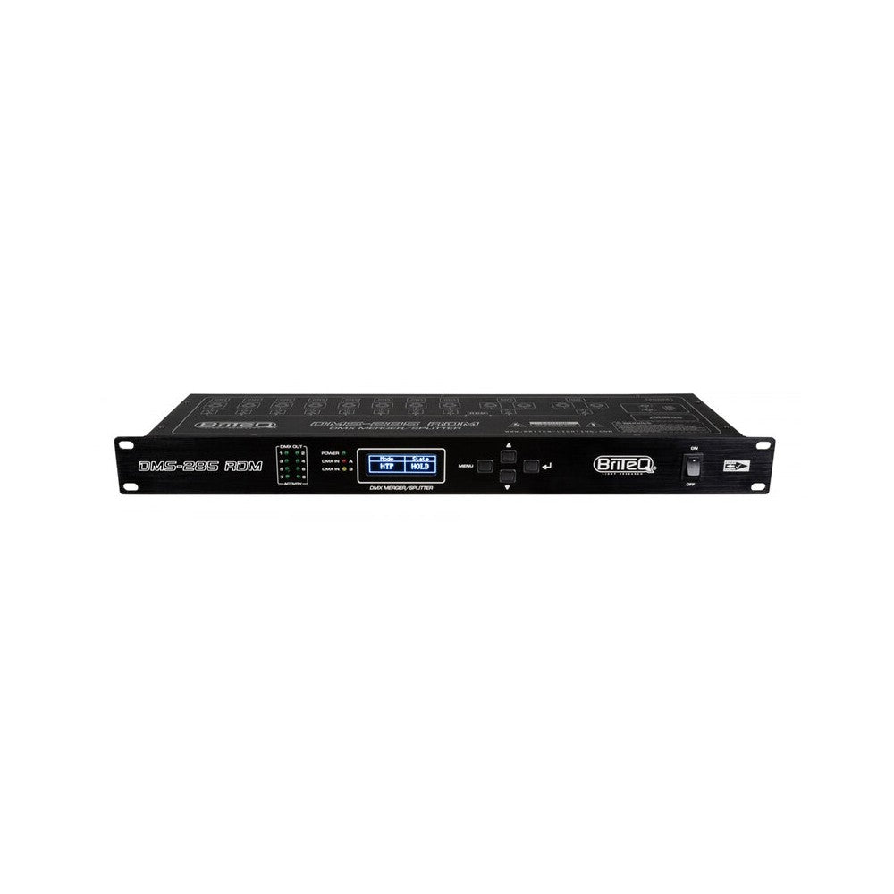 Briteq 19" 1U rack-mounted DMX device, merger + splitter + booster functions, 2 IN / 8 OUT XLR 5-pin, RDM filtering, adjustable