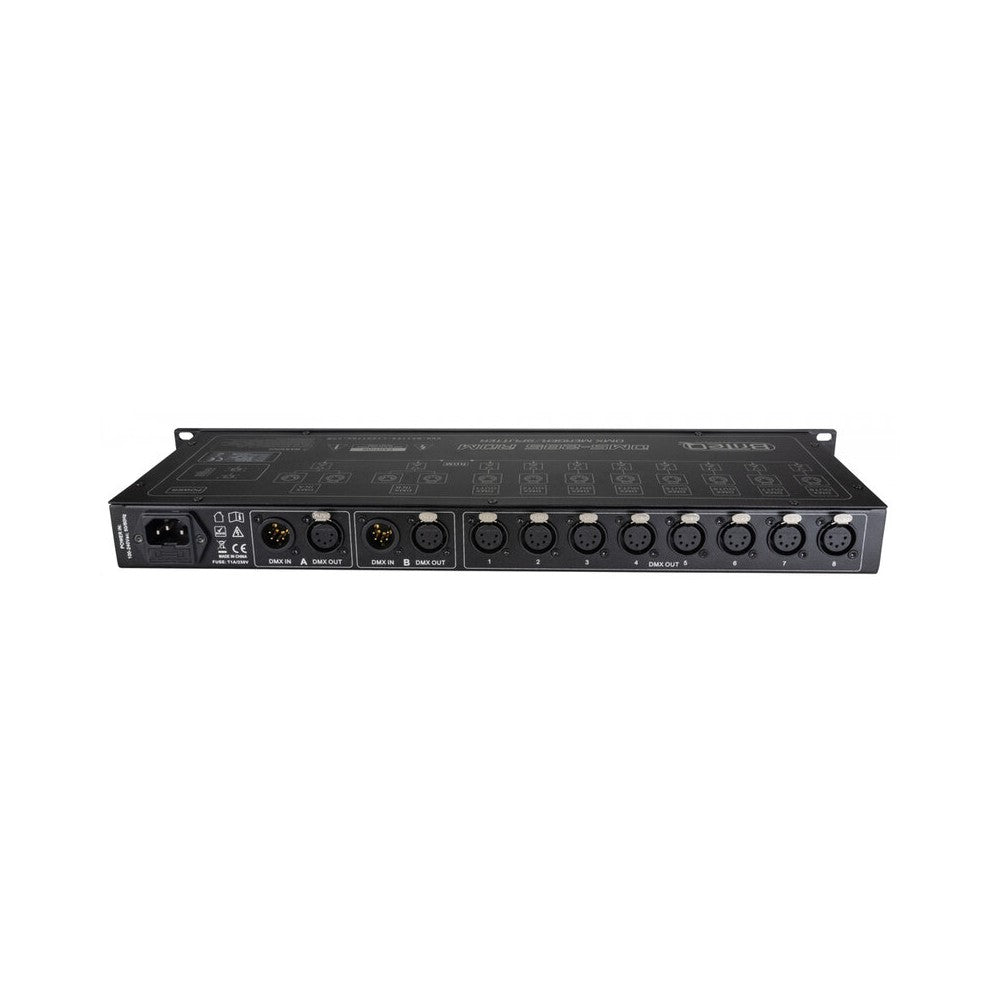 Briteq 19" 1U rack-mounted DMX device, merger + splitter + booster functions, 2 IN / 8 OUT XLR 5-pin, RDM filtering, adjustable