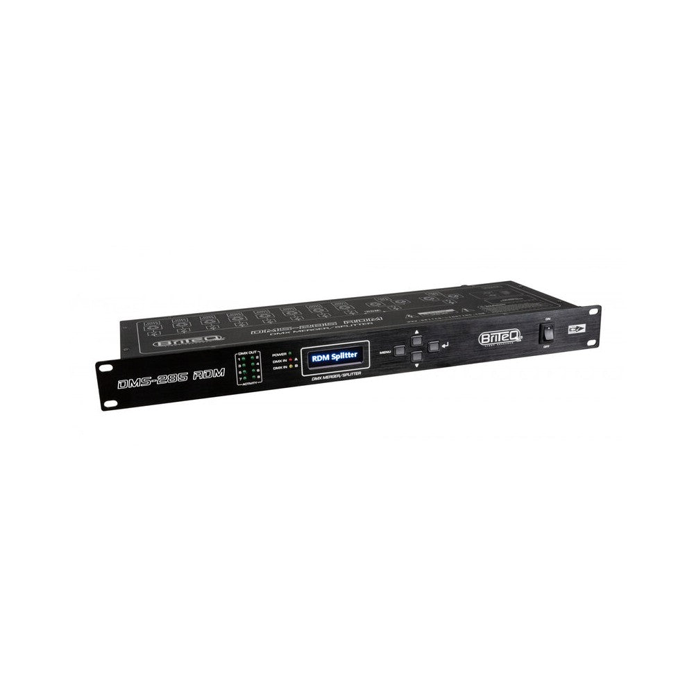 Dispositivo DMX Briteq de 19" y 1U para montaje en rack, funciones de fusión + divisor + amplificador, 2 entradas/8 salidas XLR de 5 pines, filtro RDM, ajustable
