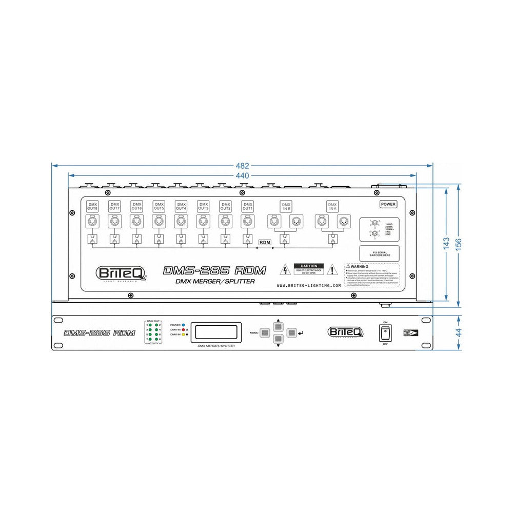 Dispositivo DMX Briteq de 19" y 1U para montaje en rack, funciones de fusión + divisor + amplificador, 2 entradas/8 salidas XLR de 5 pines, filtro RDM, ajustable