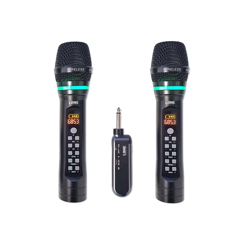 LONE AUDIO Wireless dual microphone system, 2 handheld transmitters, 1 Bluetooth receiver, 60 m range, adjustable settings