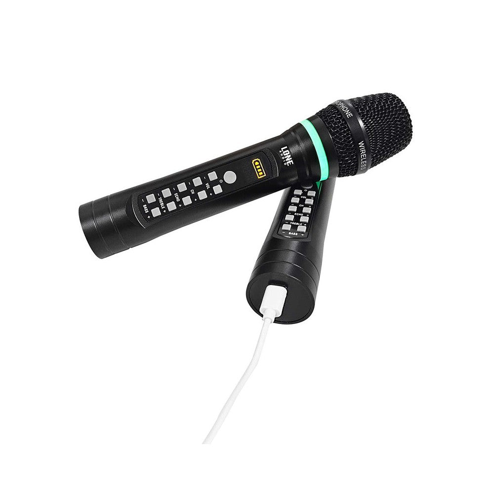 LONE AUDIO Wireless dual microphone system, 2 handheld transmitters, 1 Bluetooth receiver, 60 m range, adjustable settings