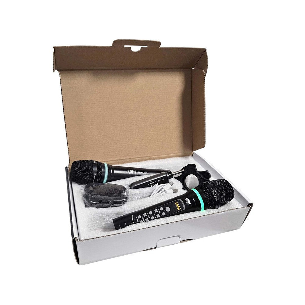 LONE AUDIO Wireless dual microphone system, 2 handheld transmitters, 1 Bluetooth receiver, 60 m range, adjustable settings