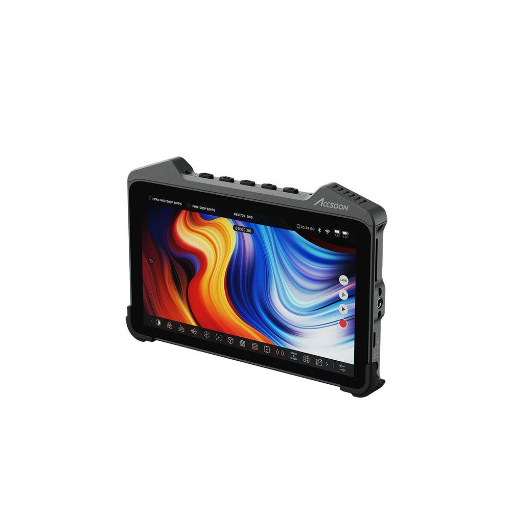 Monitor inteligente ACCSOON de 7" con pantalla táctil LCD, grabación de video interna, conectividad HDMI y SDI, múltiples opciones de alimentación, un