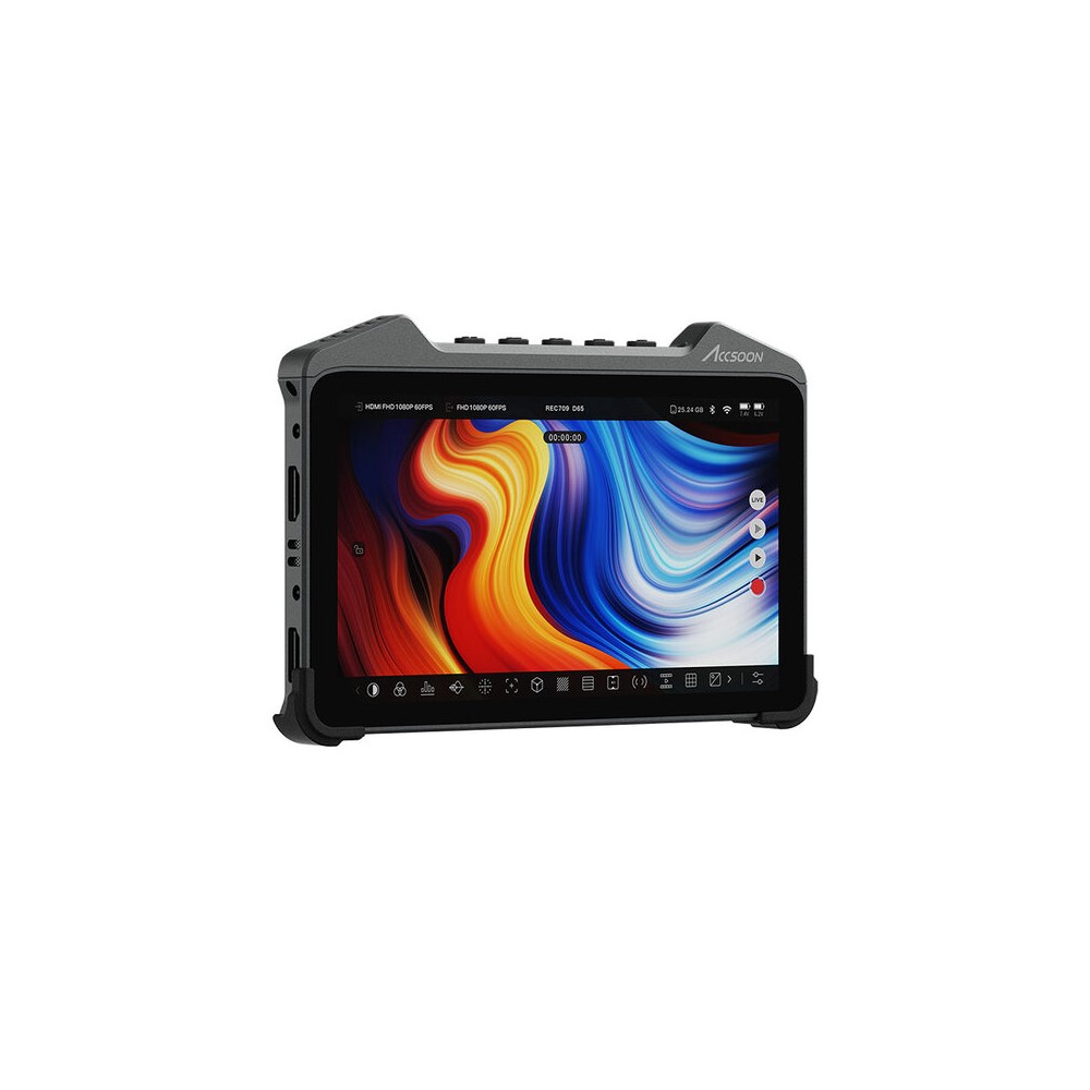 Monitor inteligente ACCSOON de 7" con pantalla táctil LCD, grabación de video interna, conectividad HDMI y SDI, múltiples opciones de alimentación, un