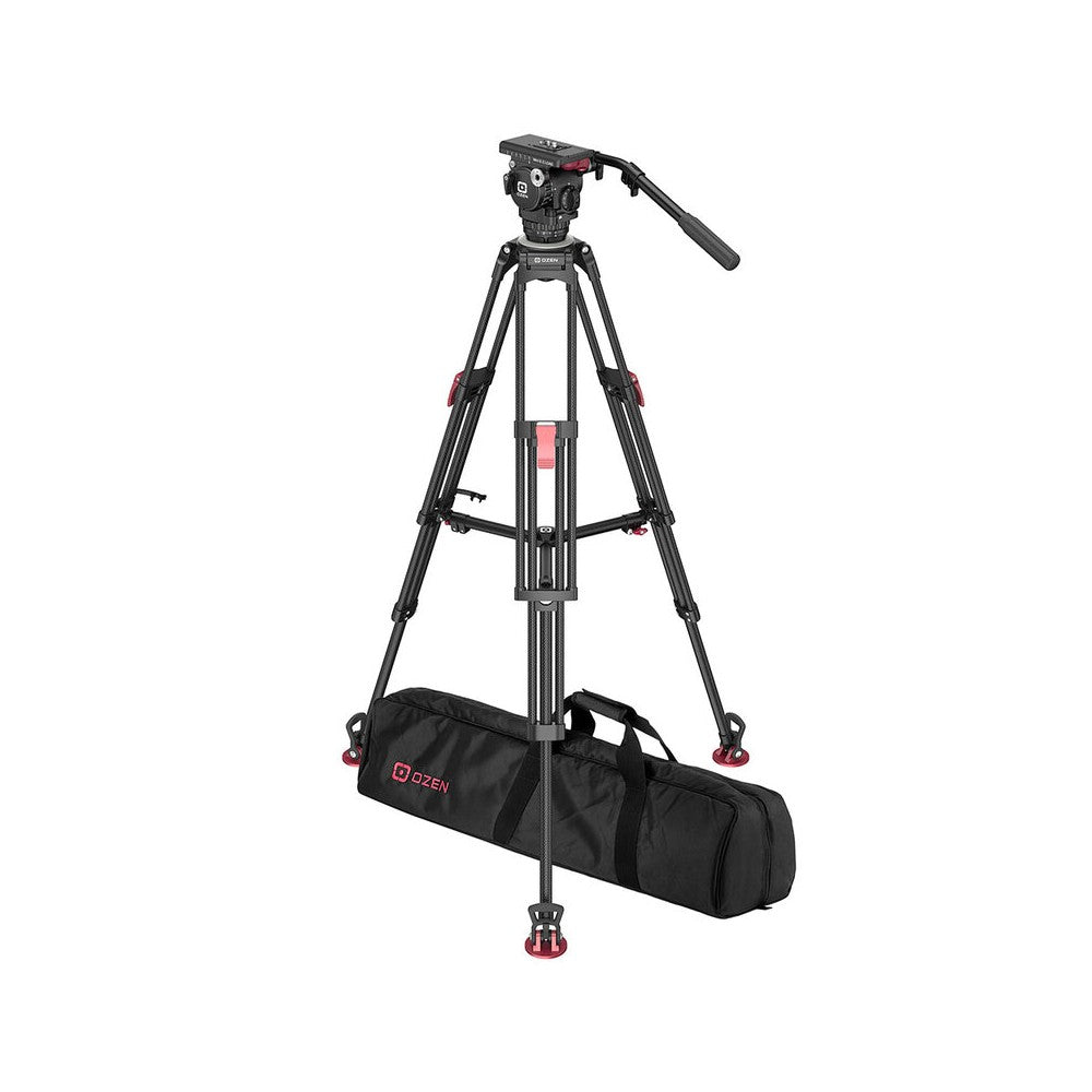 OZEN 75 mm fluid head w/extending pan bar + 2-stage carbon-fiber tripod with single flip-type brake lever per leg, carryhandle,