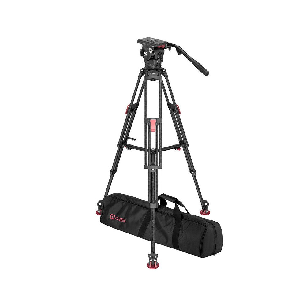 OZEN 100 mm fluid head w/extending pan bar + 2-stage carbon-fiber tripod w/single flip-type brake lever per leg, carryhandle, CO