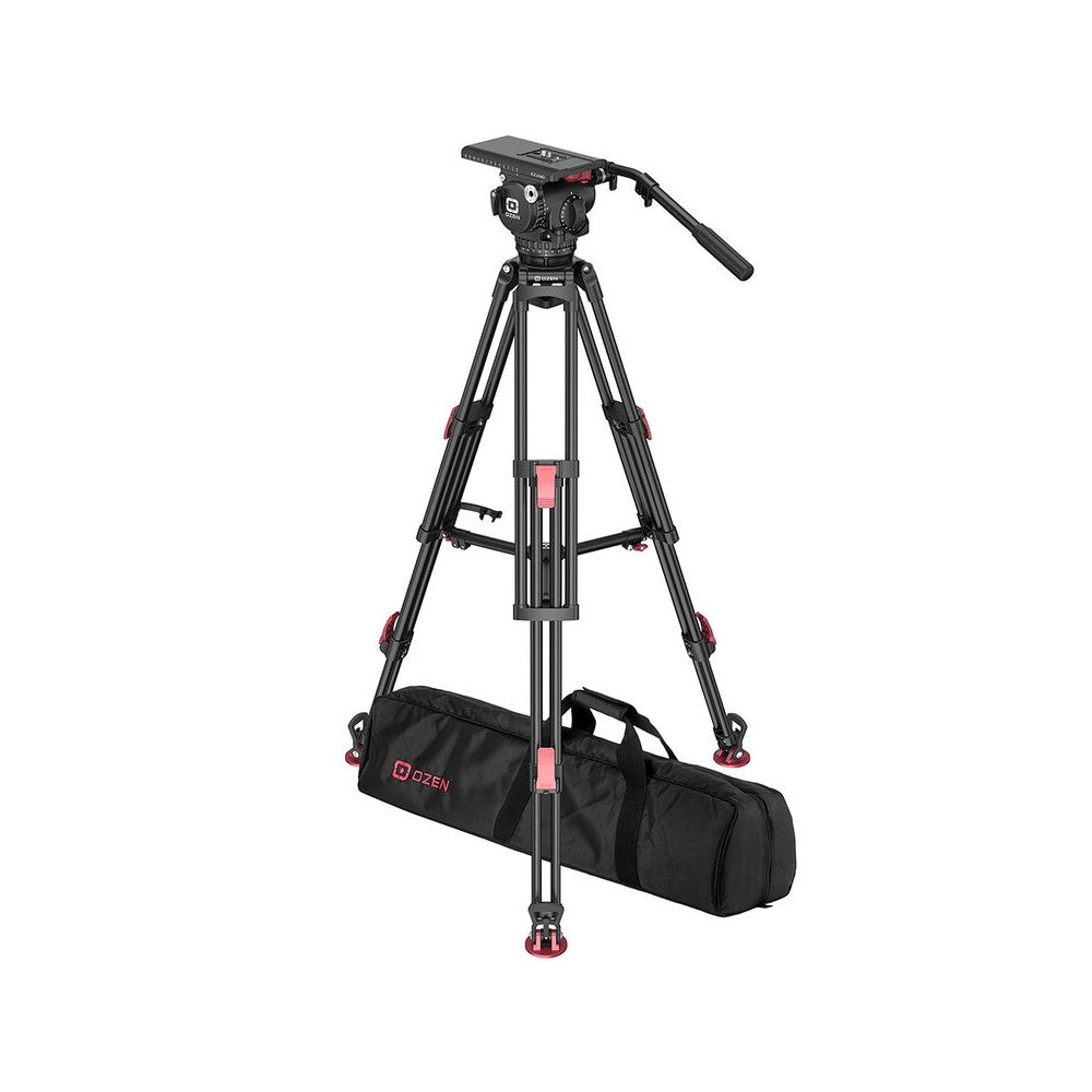OZEN 100mm fluid head with 2 extending pan bars + 2 stages heavy-duty aluminum tripod with flip-type brake levers, CONTENDER hea