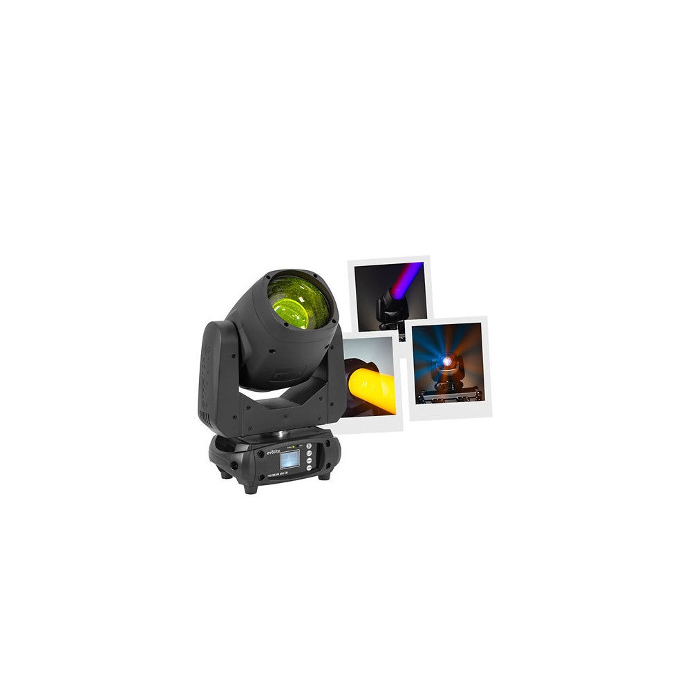 Evolite Compact moving head, Beam type, 100 W white LED (7500 K), 3° beam angle, motorized focus, 12 colors wheel, 14 gobos, and