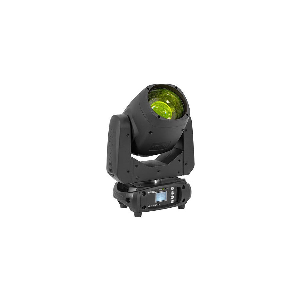 Evolite Compact moving head, Beam type, 100W white LED (7500K), 3° beam angle, motorized focus, 12 colors wheel, 14 gobos, and