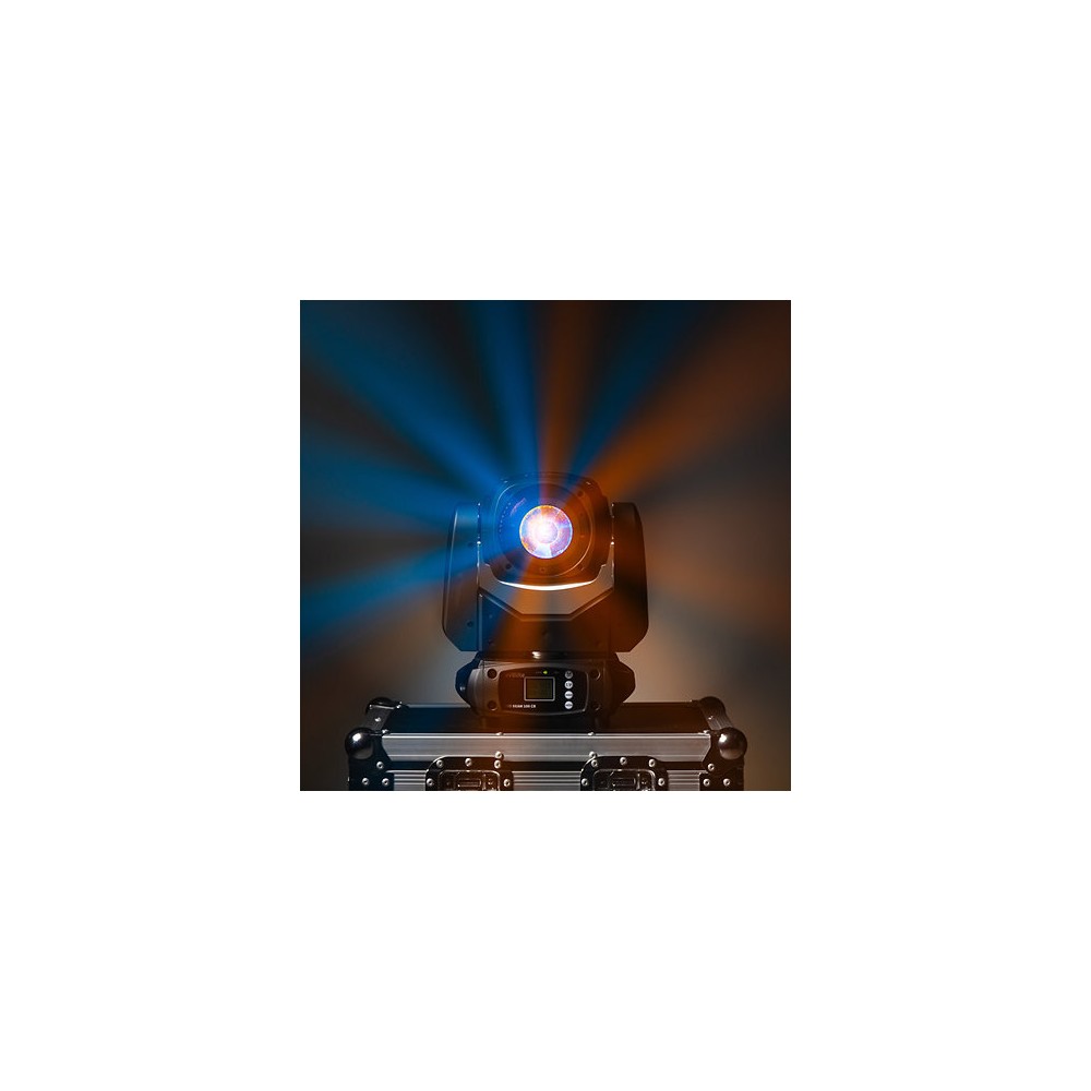 Evolite Compact moving head, Beam type, 100 W white LED (7500 K), 3° beam angle, motorized focus, 12 colors wheel, 14 gobos, and