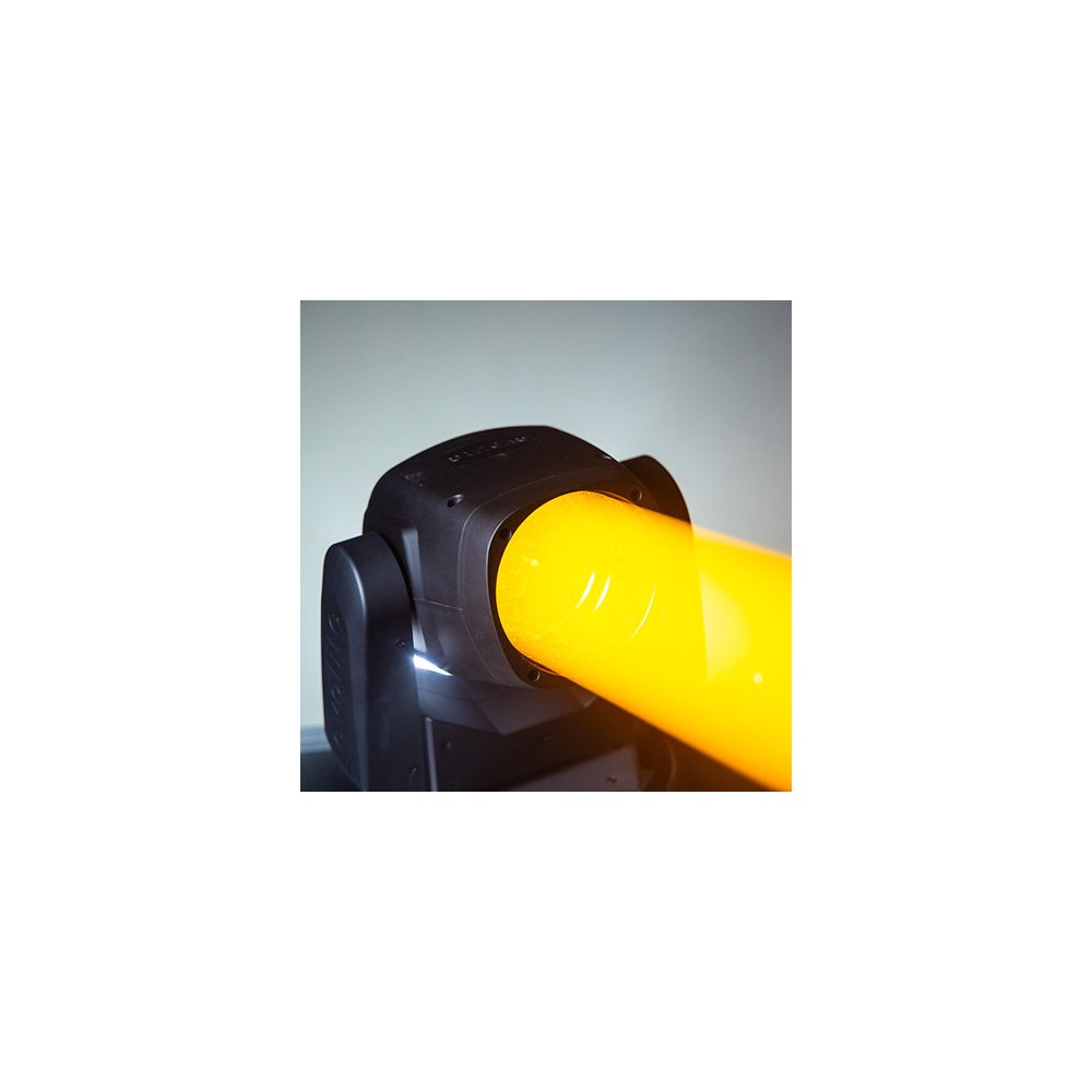 Evolite Compact moving head, Beam type, 100 W white LED (7500 K), 3° beam angle, motorized focus, 12 colors wheel, 14 gobos, and