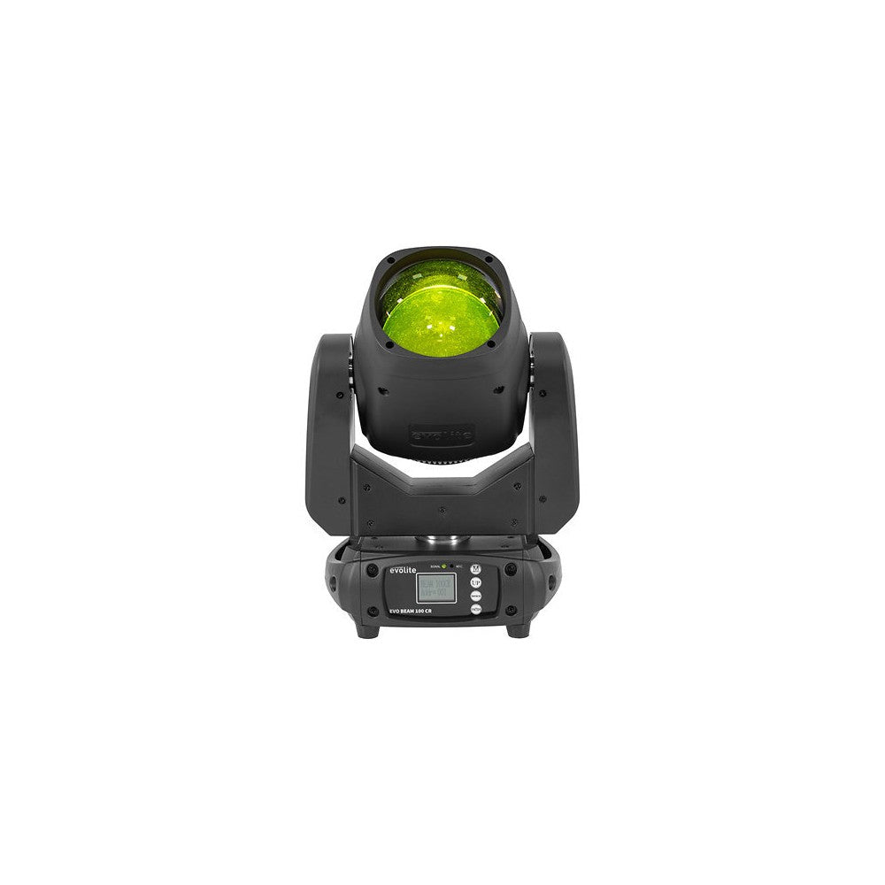 Evolite Compact moving head, Beam type, 100 W white LED (7500 K), 3° beam angle, motorized focus, 12 colors wheel, 14 gobos, and