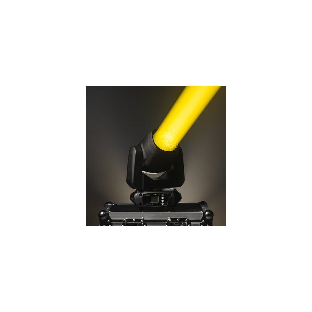 Evolite Compact moving head, Beam type, 100 W white LED (7500 K), 3° beam angle, motorized focus, 12 colors wheel, 14 gobos, and