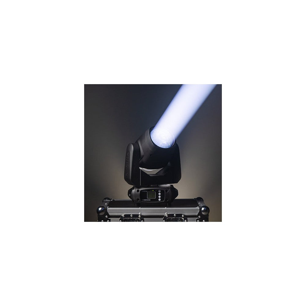 Evolite Compact moving head, Beam type, 100 W white LED (7500 K), 3° beam angle, motorized focus, 12 colors wheel, 14 gobos, and