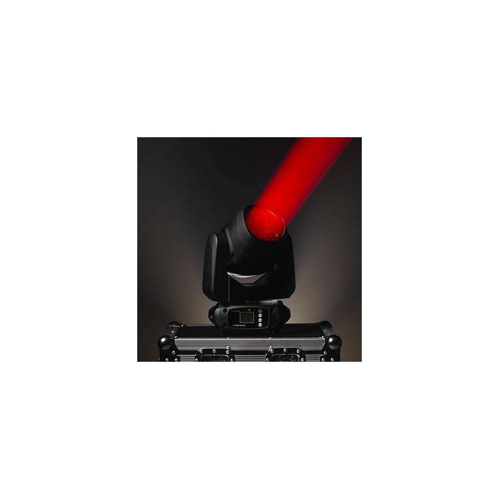 Evolite Compact moving head, Beam type, 100 W white LED (7500 K), 3° beam angle, motorized focus, 12 colors wheel, 14 gobos, and