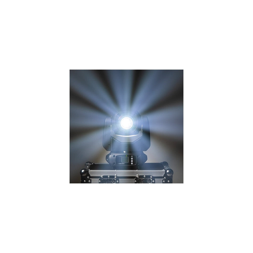 Evolite Compact moving head, Beam type, 100 W white LED (7500 K), 3° beam angle, motorized focus, 12 colors wheel, 14 gobos, and