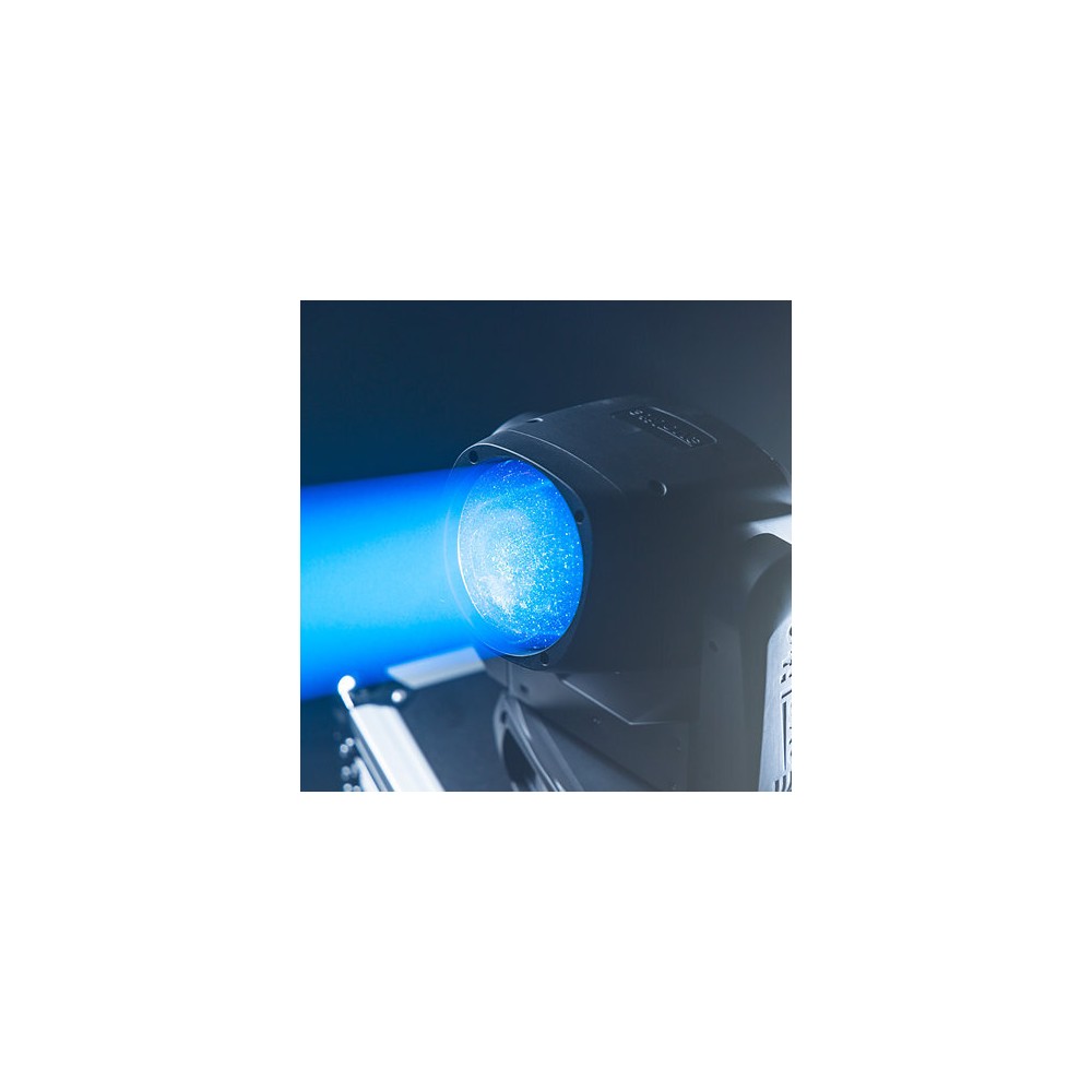 Evolite Compact moving head, Beam type, 100 W white LED (7500 K), 3° beam angle, motorized focus, 12 colors wheel, 14 gobos, and