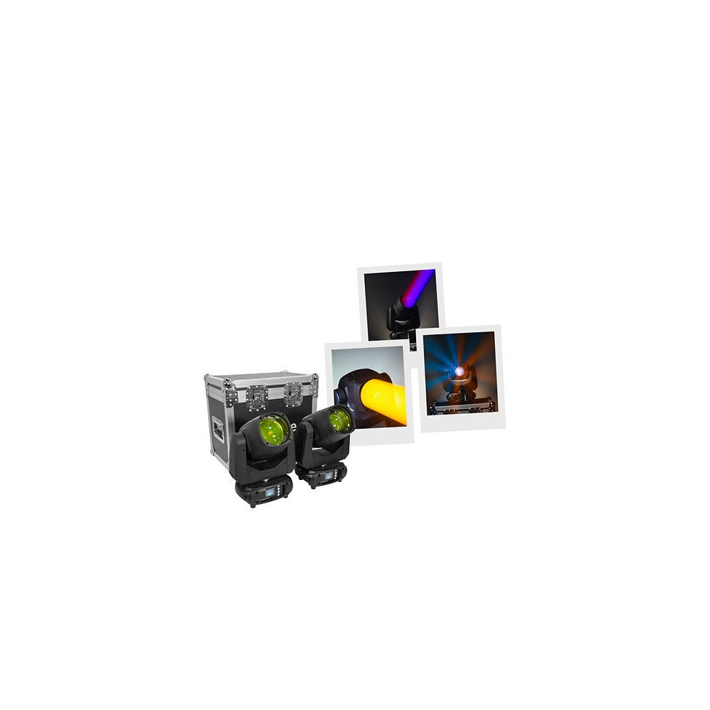 Evolite Set of 2 compact moving heads, Beam type, 100 W white LED (7500 K), 3° beam angle, motorized focus, 12 colors wheel, 14