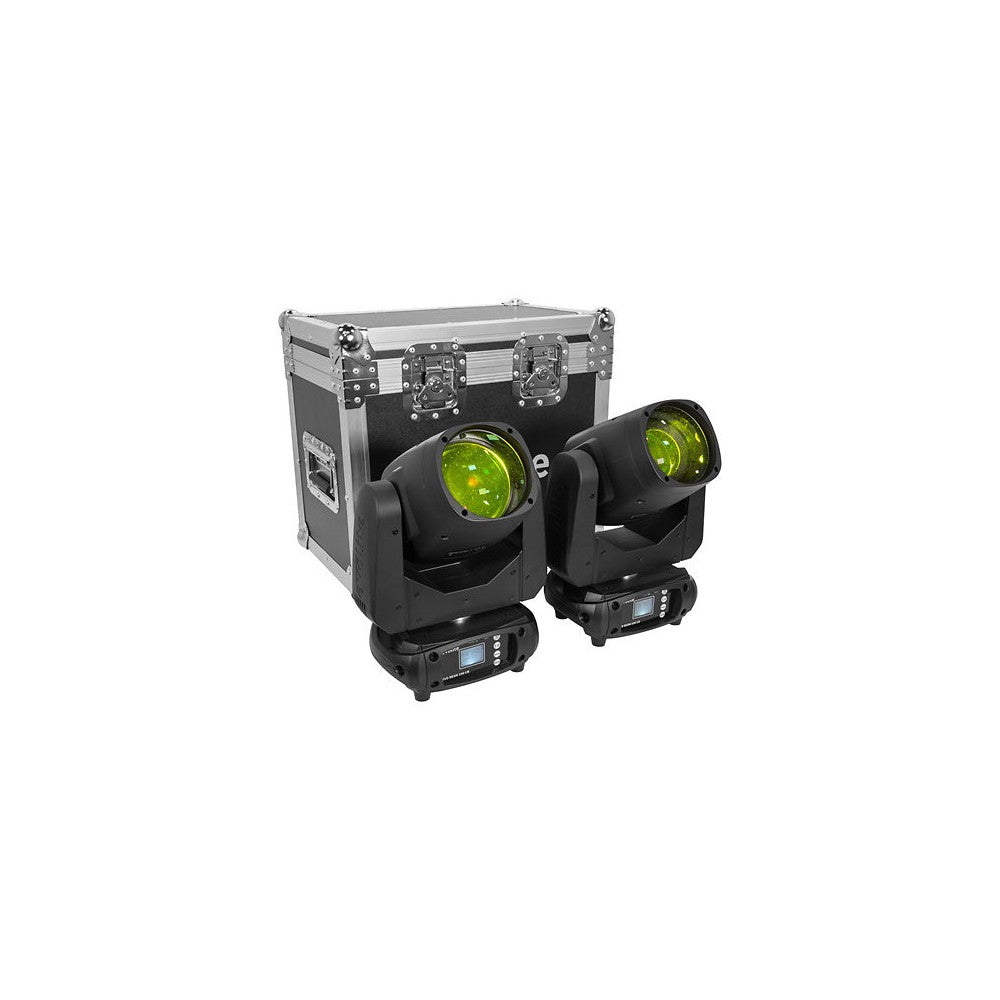 Evolite Set of 2 compact moving heads, Beam type, 100 W white LED (7500 K), 3° beam angle, motorized focus, 12 colors wheel, 14