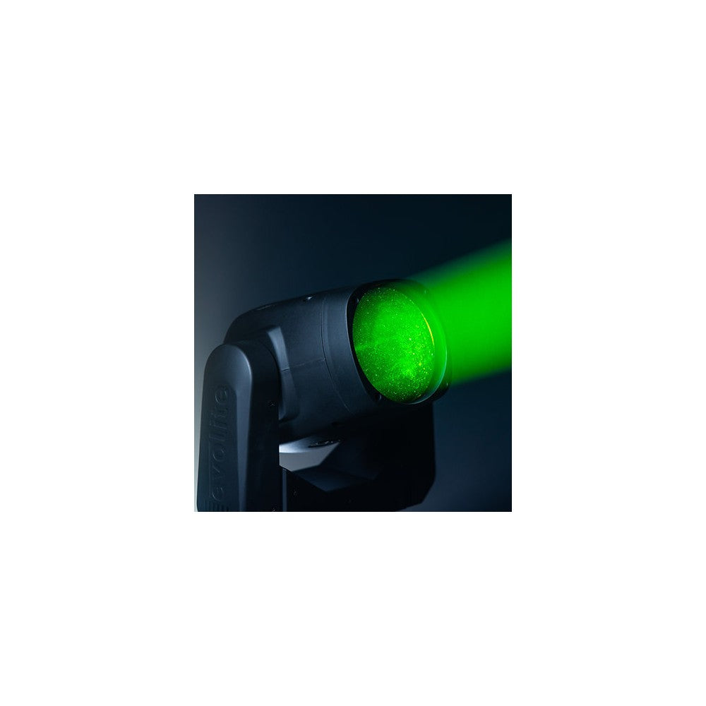 Evolite Set of 2 compact moving heads, Beam type, 100 W white LED (7500 K), 3° beam angle, motorized focus, 12 colors wheel, 14