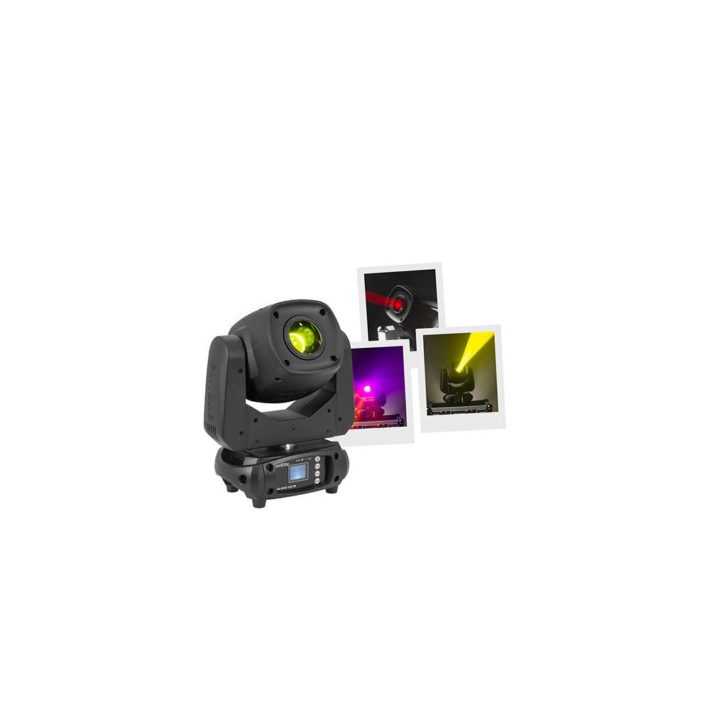 Evolite Compact 100 W LED moving head, 13° beam, motorized focus, rotating gobos, 7-color wheel, 3-facet prism, dual DMX modes f
