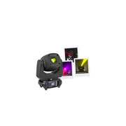 Evolite Compact 100 W LED moving head, 13° beam, motorized focus, rotating gobos, 7-color wheel, 3-facet prism, dual DMX modes f