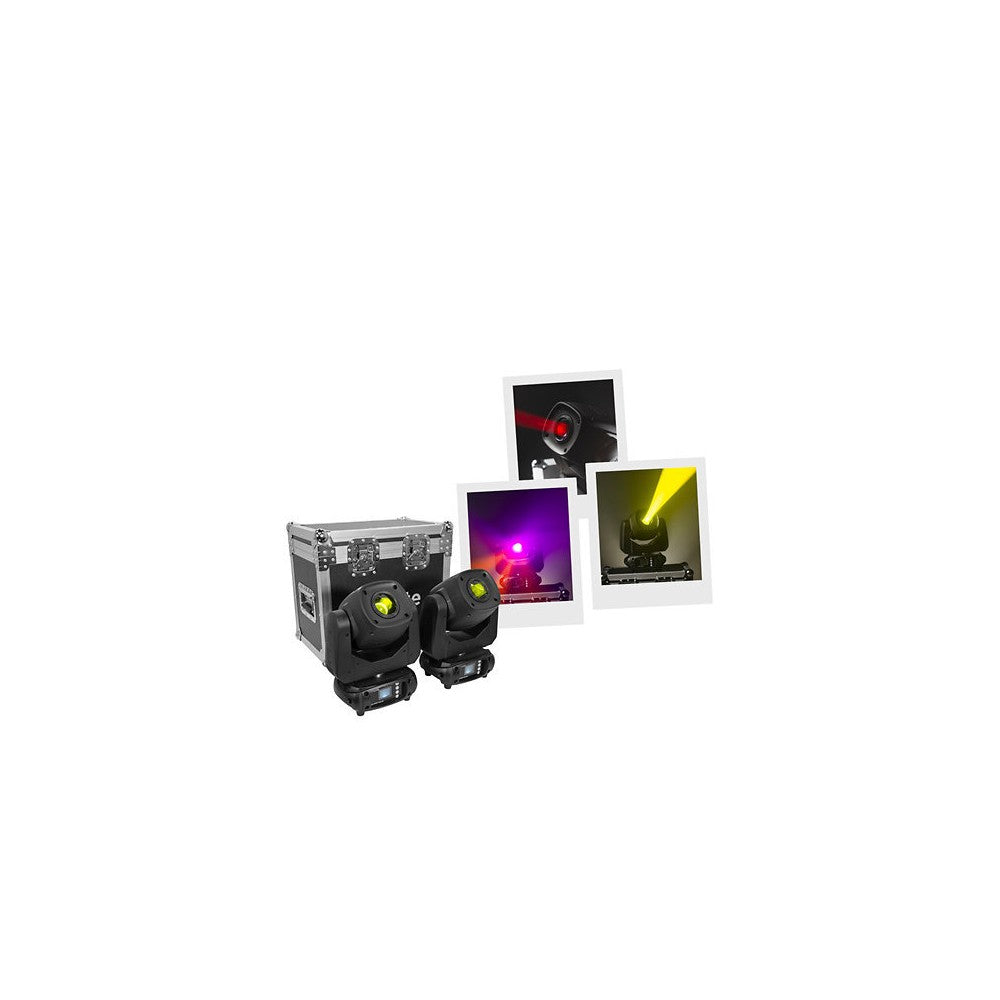 Evolite Set of 2 compact 100 W LED moving heads, 13° beam, motorized focus, rotating gobos, 7-color wheel, 3-facet prism, dual D
