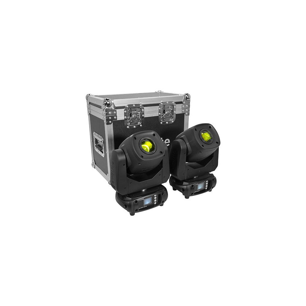 Evolite Set of 2 compact 100 W LED moving heads, 13° beam, motorized focus, rotating gobos, 7-color wheel, 3-facet prism, dual D