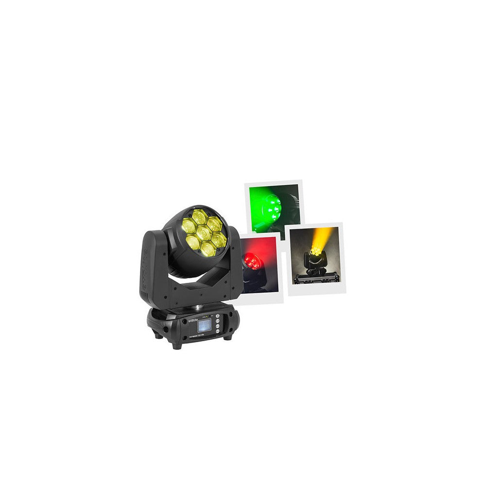 Evolite Wash moving heads with motorized zoom (6° - 60°), 7 x 25 W RGBW 4-in-1 LEDs, DMX control, smooth Pan / Tilt, flicker-fre