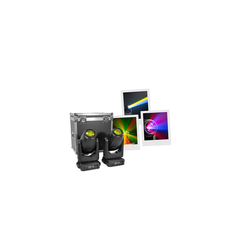 Evolite 350 W hybrid head Beam / Spot / Wash, motorised zoom, fixed / rotating Gobos, 3-facet prism, set with 2 pcs. + flight ca