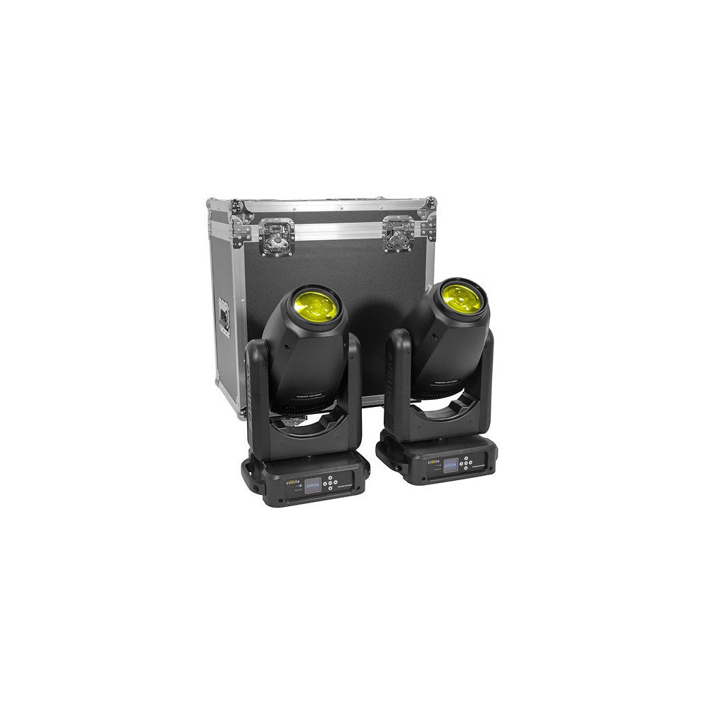 Evolite 350 W hybrid head Beam / Spot / Wash, motorized zoom, fixed / rotating gobos, 3-facet prism, set of 2 + flight case
