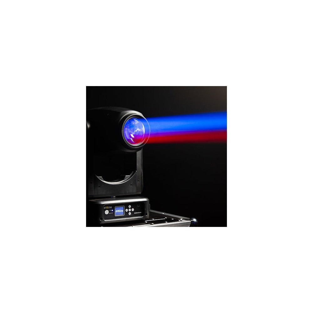 Evolite 350 W hybrid head Beam / Spot / Wash, motorized zoom, fixed / rotating gobos, 3-facet prism, set of 2 + flight case